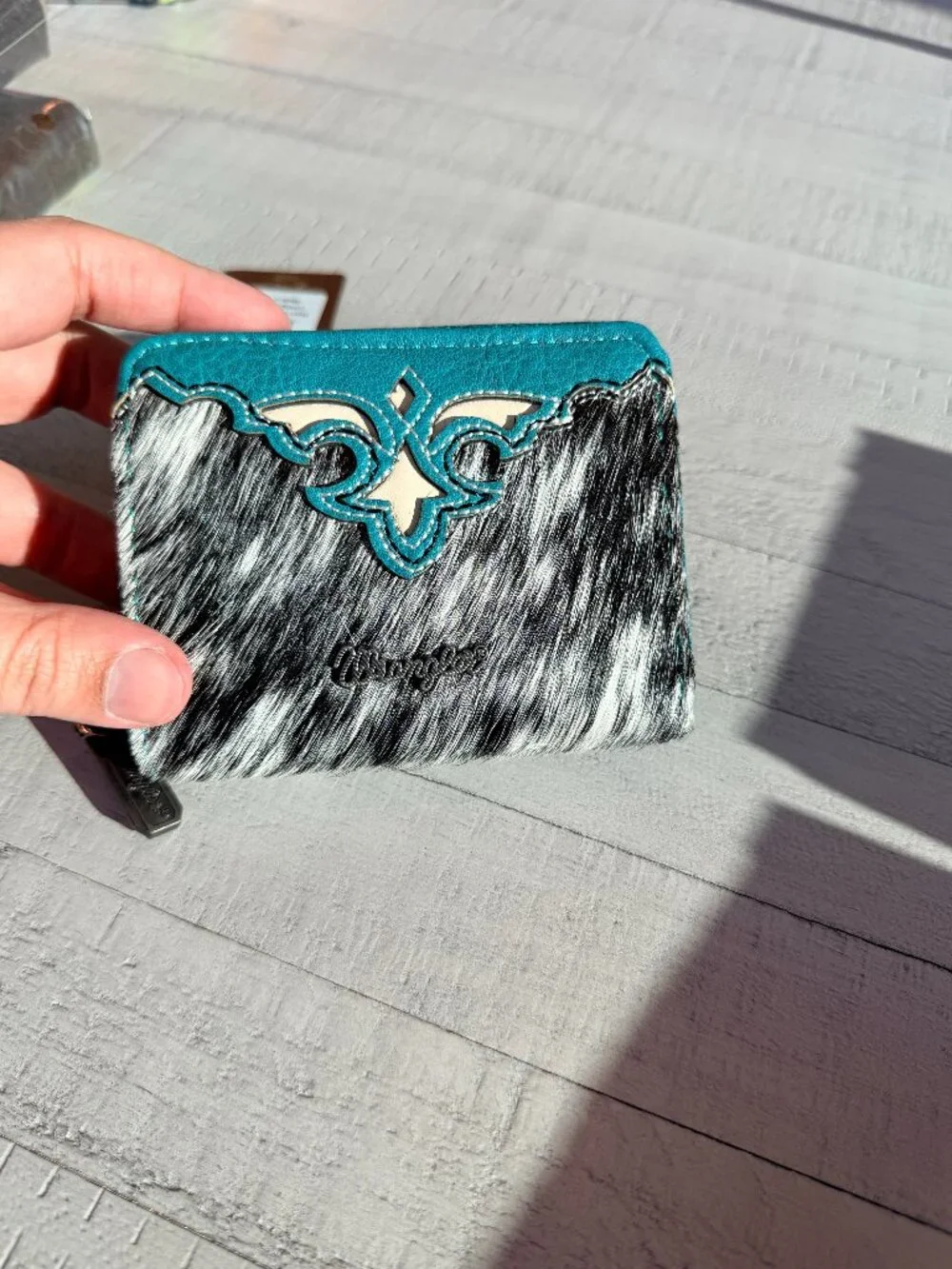 Wrangler Genuine Hair-On Cowhide Zip-Around Wallet - Turquoise
